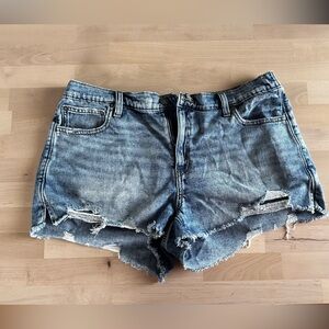 Aerie Pull-On Denim Shorts | Distressed Raw Hem | Medium-Light Wash | Size Large